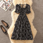 French Square Collar Floral Dress Waist Slimming Women
