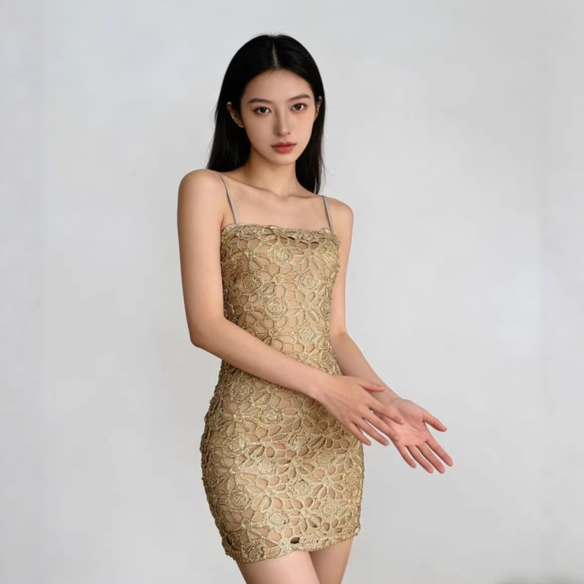 French-Style Delicate Champagne-Gold Hollowed-Out Camisole Dress