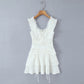 White Puff-Shoulder Ruffle-trimmed Sweet Vest Dress With Drawstring Waist And Pleats