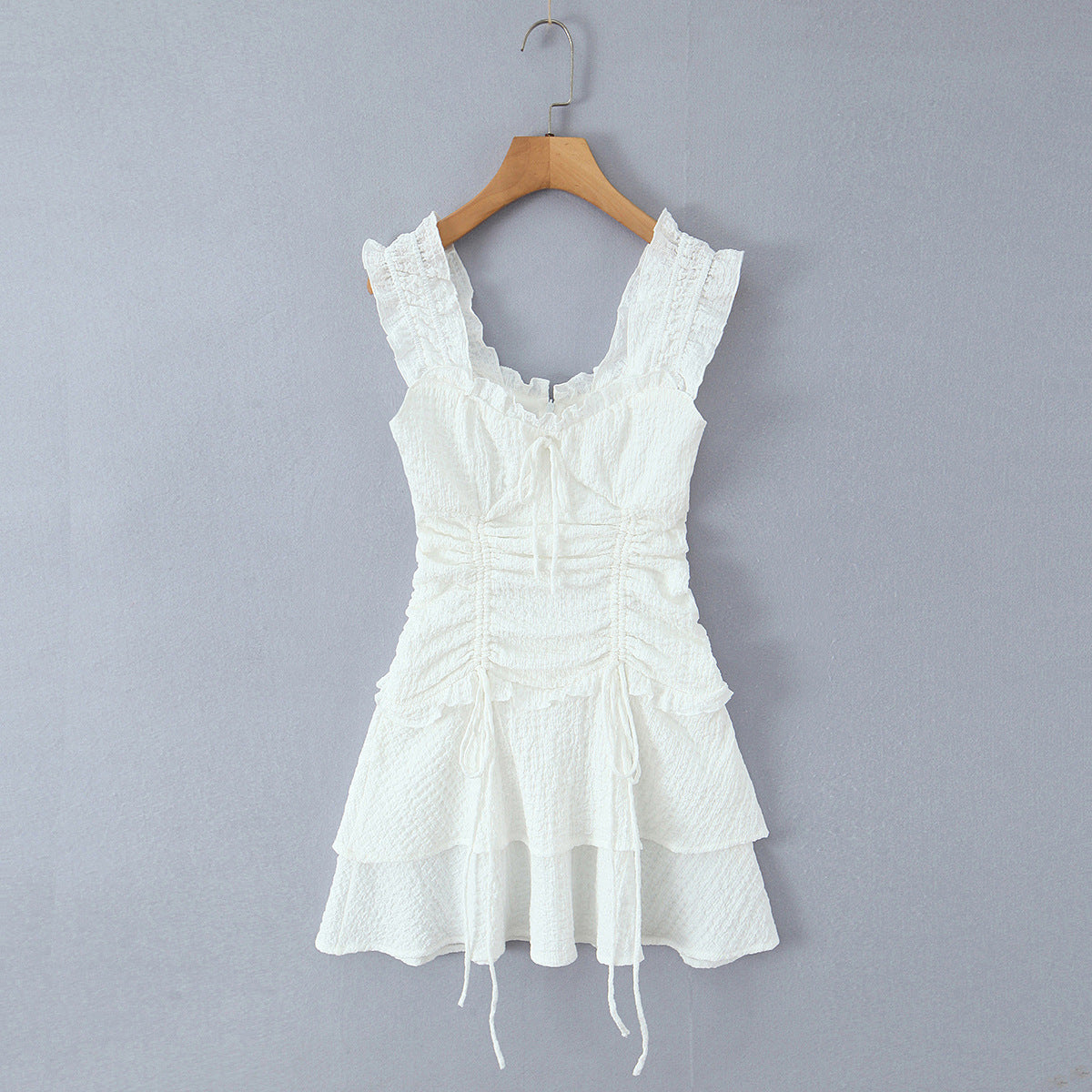 White Puff-Shoulder Ruffle-trimmed Sweet Vest Dress With Drawstring Waist And Pleats