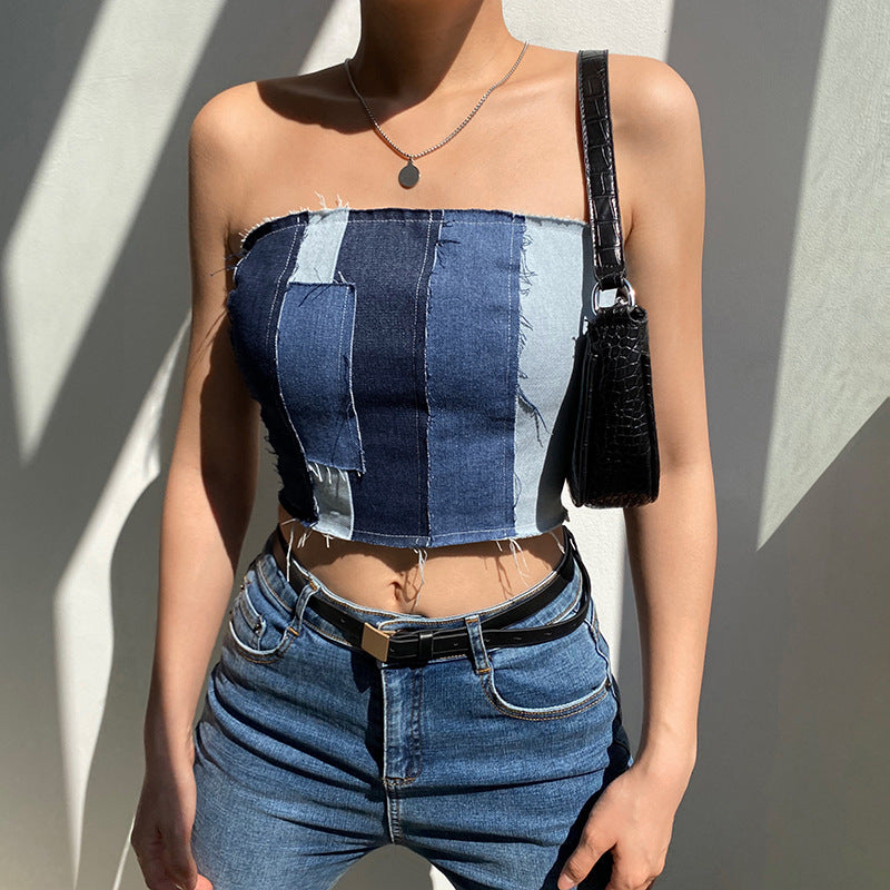 Denim Stitching Raw-edge Lace-up Tube Top T-shirt