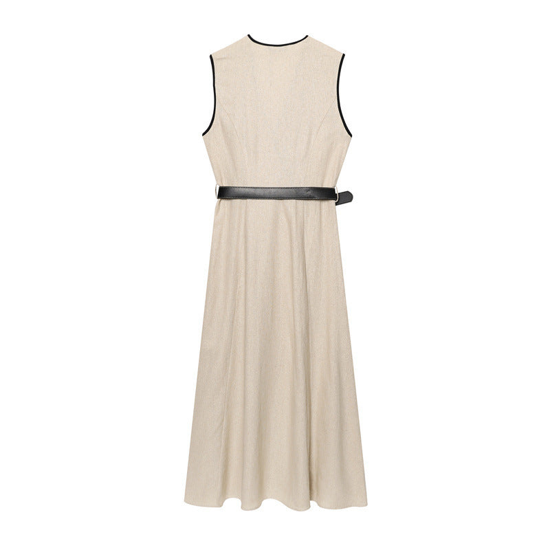 With Belt Linen Blend Midi Skirt V-neck Sleeveless Dress