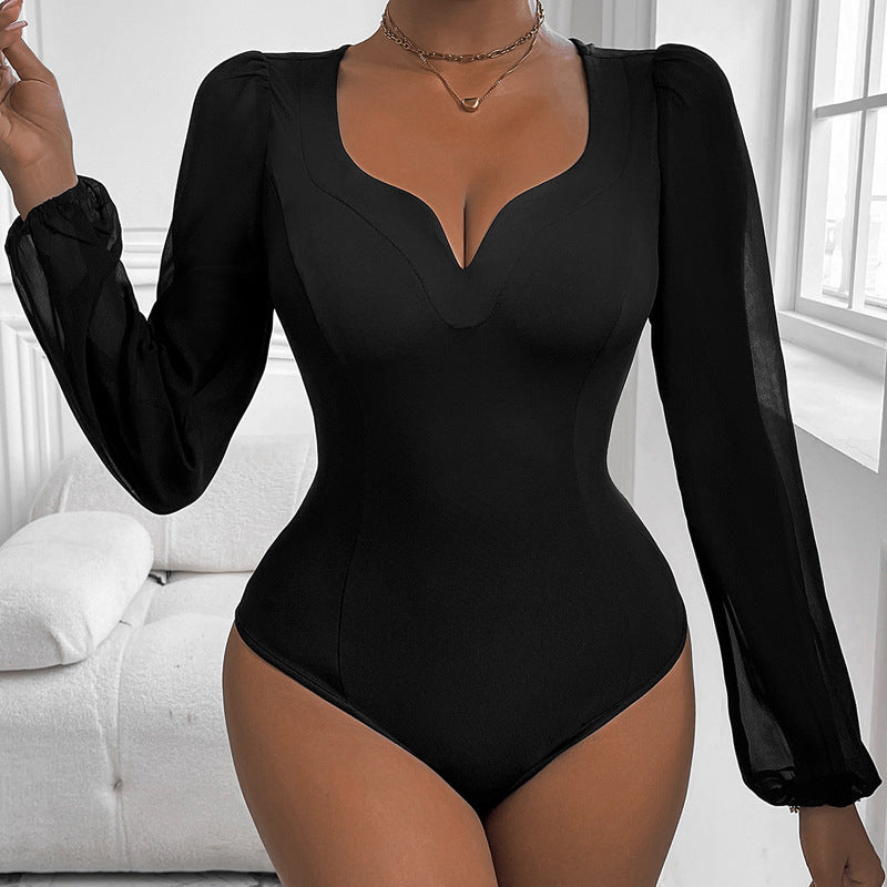 Ladies' Mesh V-neck Patchwork Jumpsuit