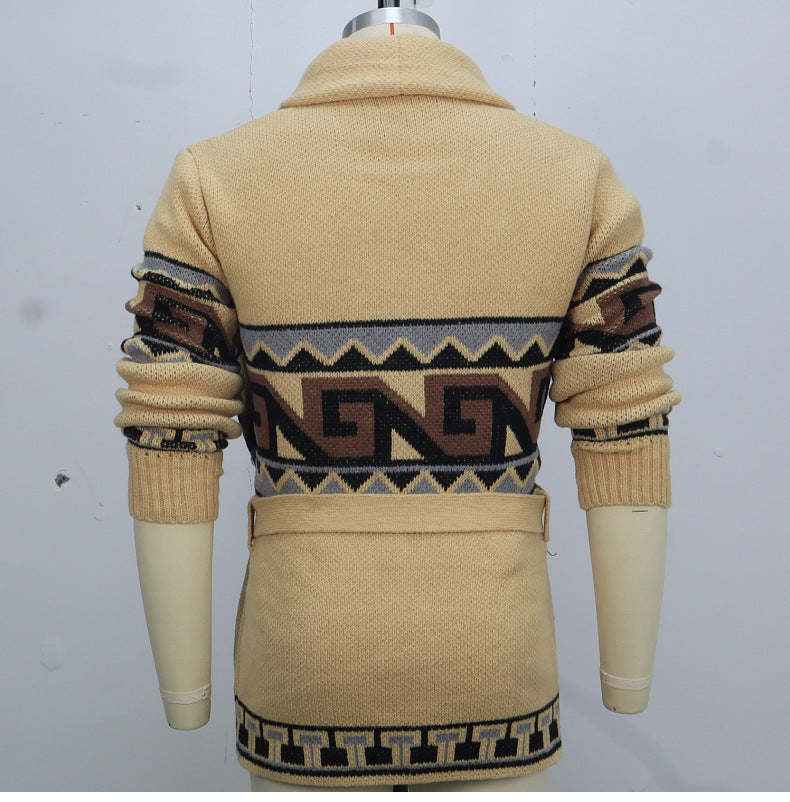 Jacquard Belt Cardigan Outdoor Sweater Coat