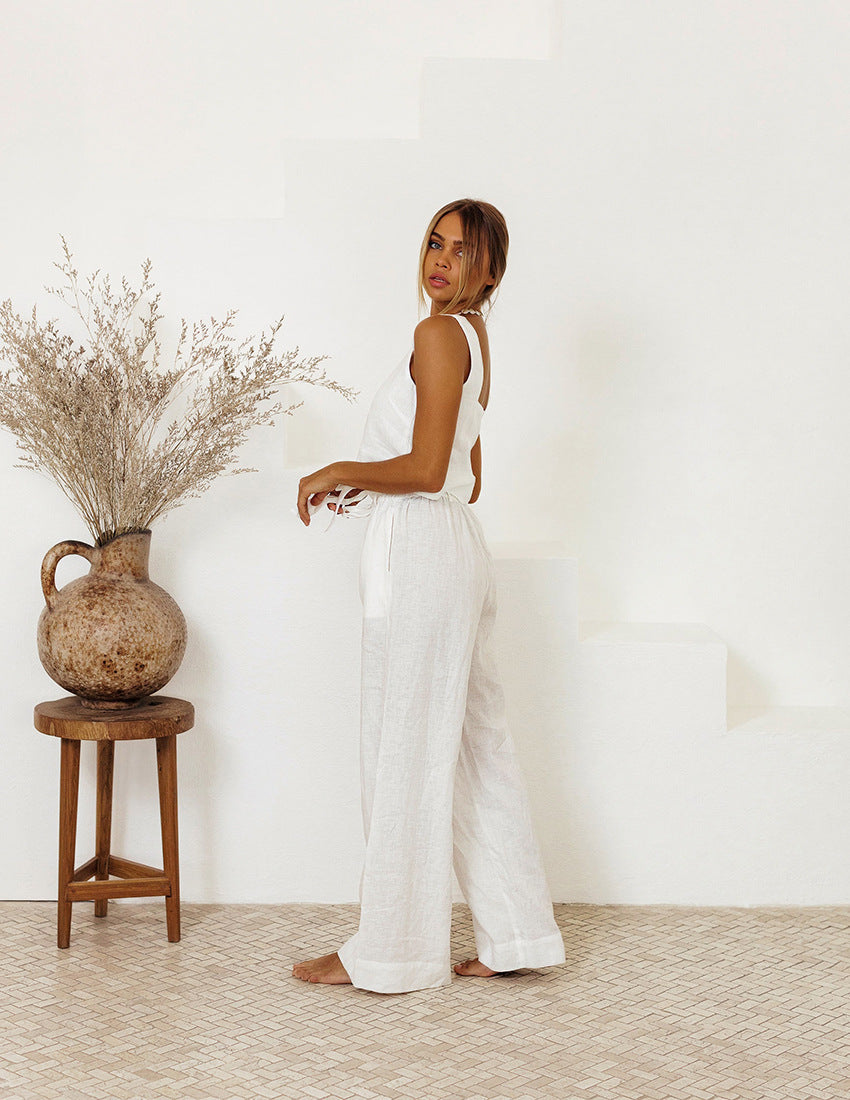 Gilet en coton et lin en gros, pantalon sans manches, tenue ample, costume tendance