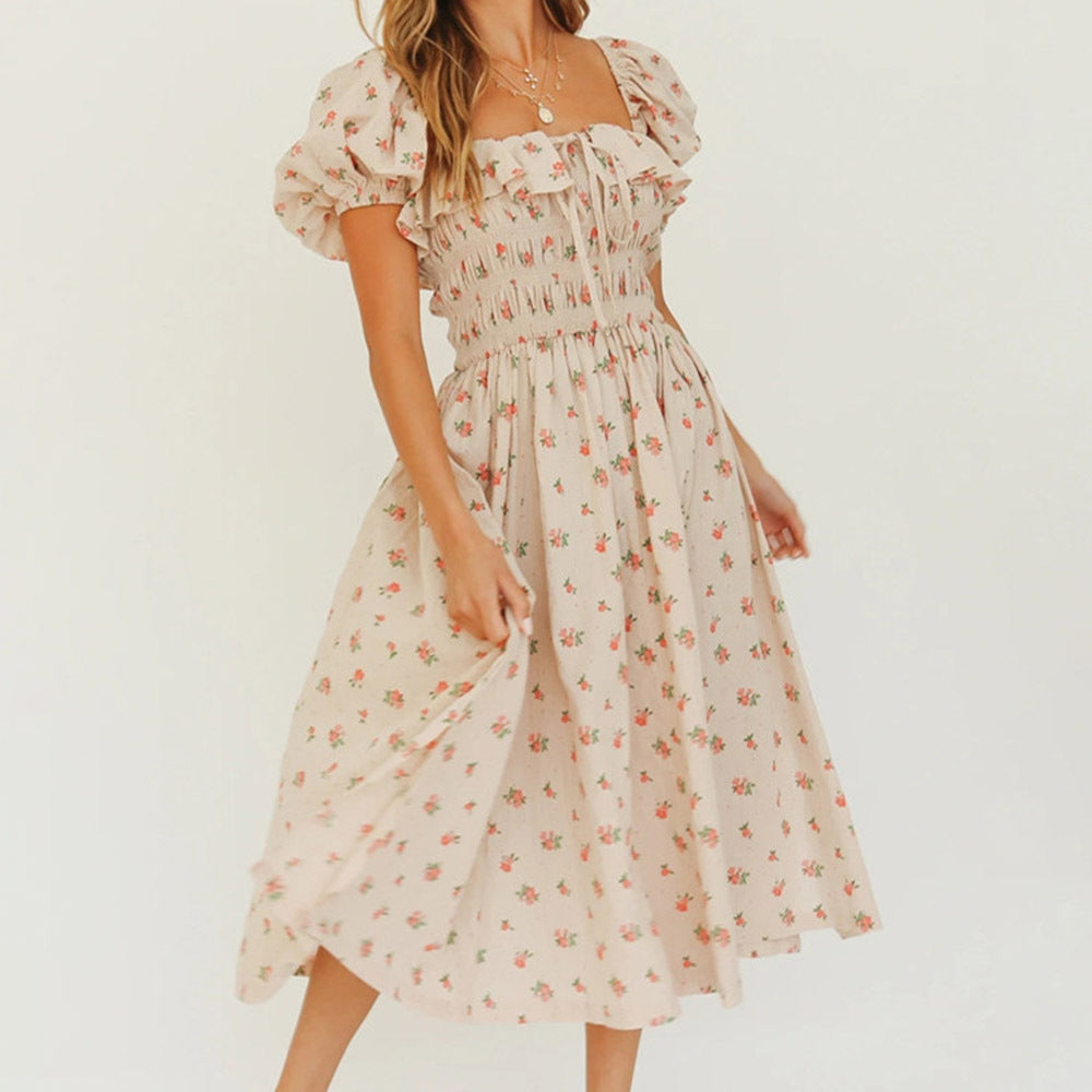 High Waist Slimming Printed Puff Sleeve Long Skirt Women