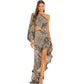 Robe à épaules inclinées et motif floral irrégulier à motif feuille de lotus pour femme