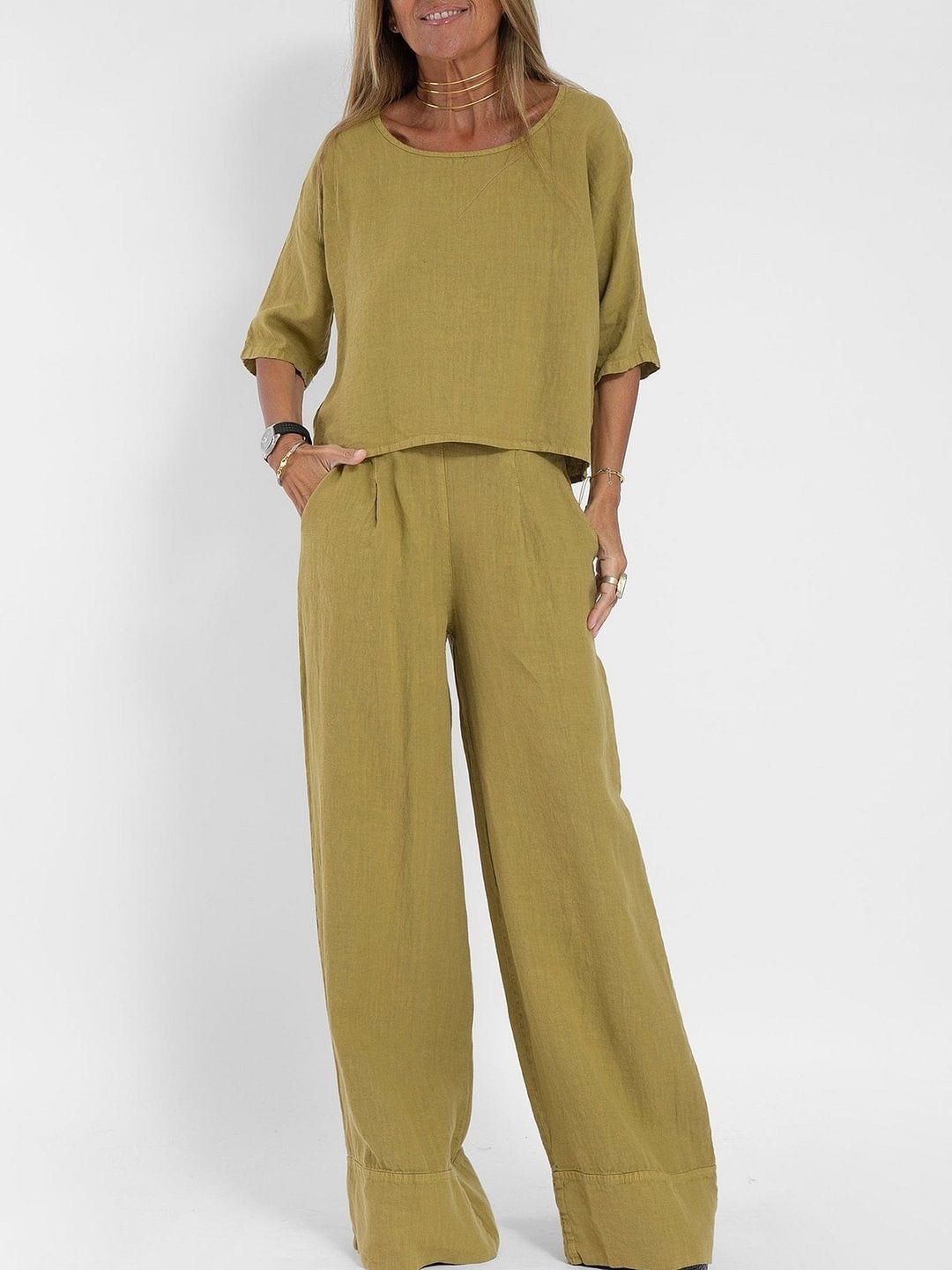 Ensemble pantalon large décontracté en coton et lin pour femme, manches courtes