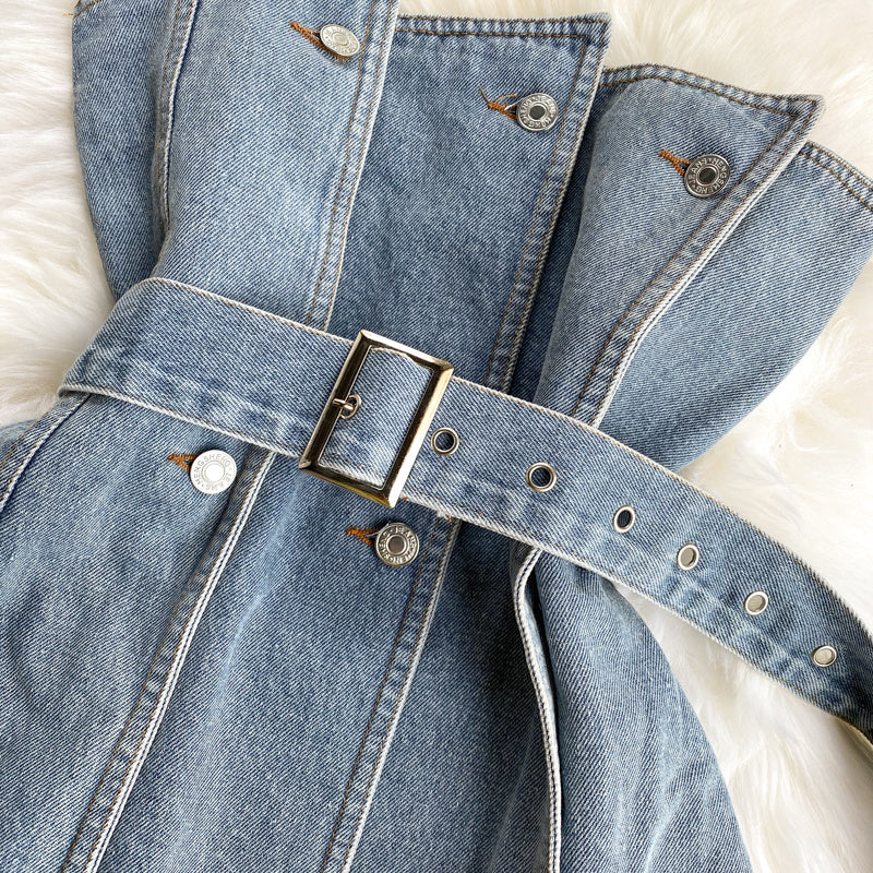 Design Sense Female Niche Breasted Splicing Slim Irregular Denim Tube Top Wear