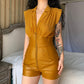 PU Leather Stitching Plastic Waist Lapel Shirt Jumpsuit Women's Shorts