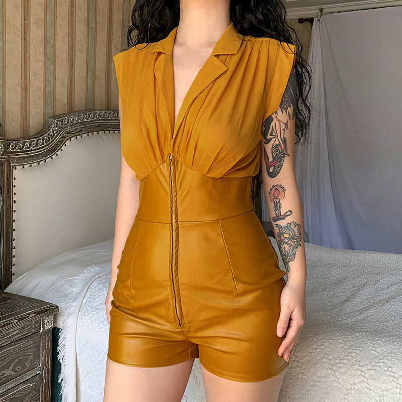 PU Leather Stitching Plastic Waist Lapel Shirt Jumpsuit Women's Shorts
