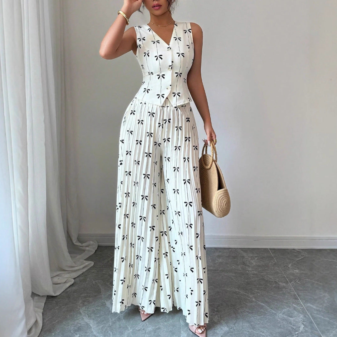 Sleeveless Fitted Vest Top And High-waisted Wide-leg Pants Two-piece Set