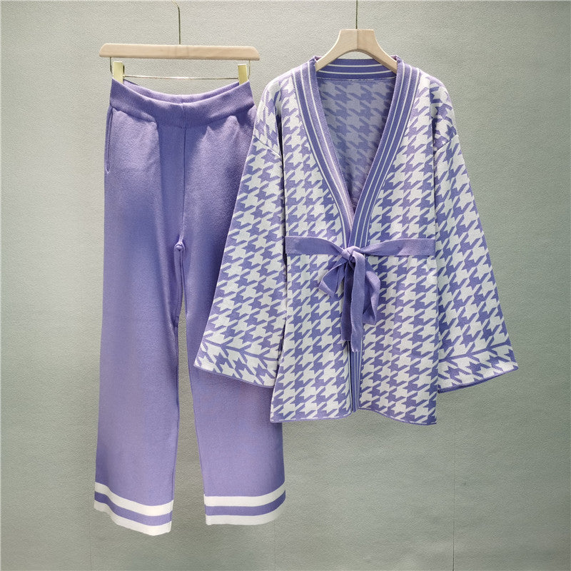 Spring And Autumn Jacquard Houndstooth Knitted Wide-leg Pants Two-piece Set