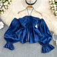 French Retro Puff Sleeve Peplum Top