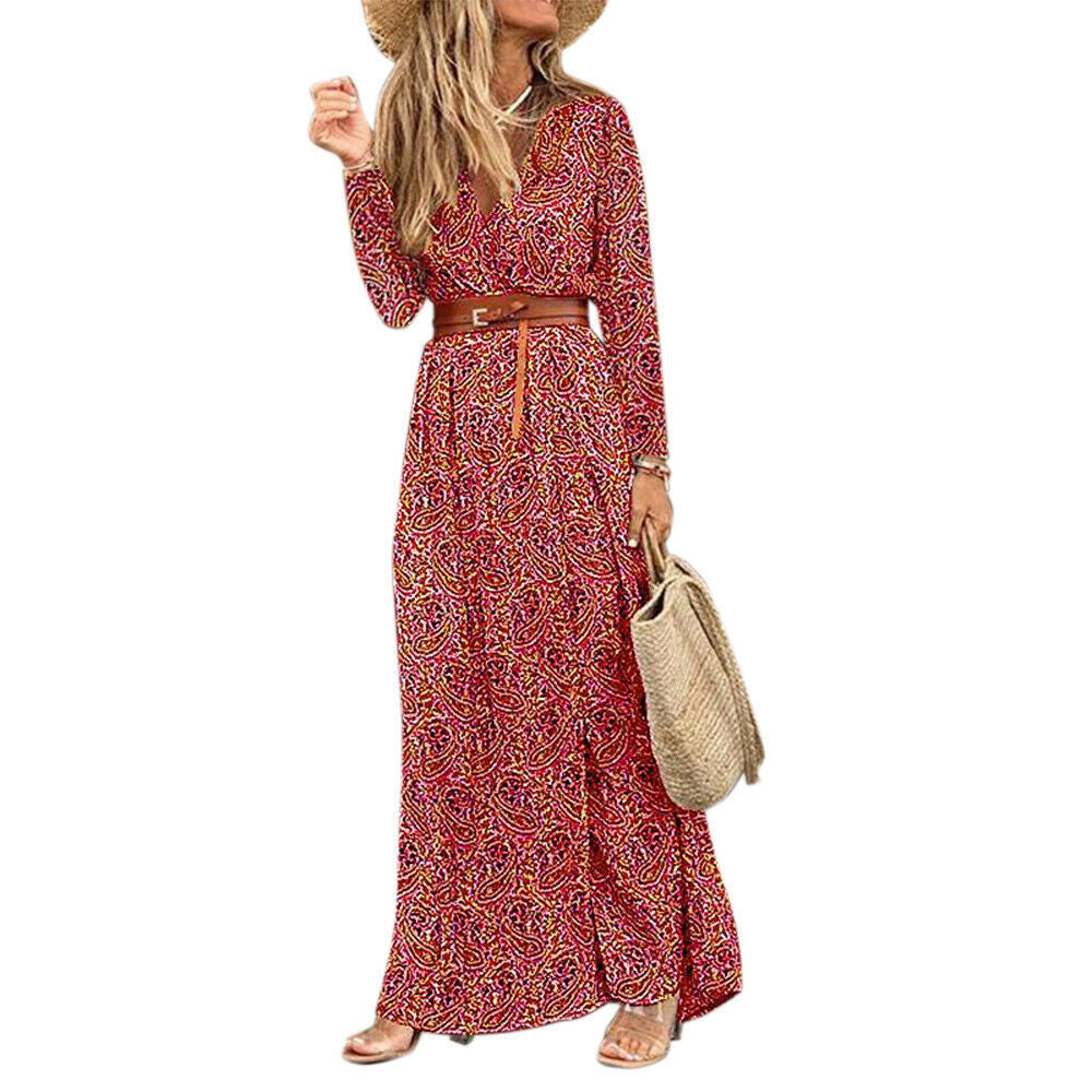 Robe fleurie bohème à manches longues et col en V
