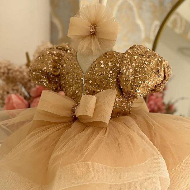 Girls Princess Dress With Puff Sleeve Sequins Children Puff Mesh