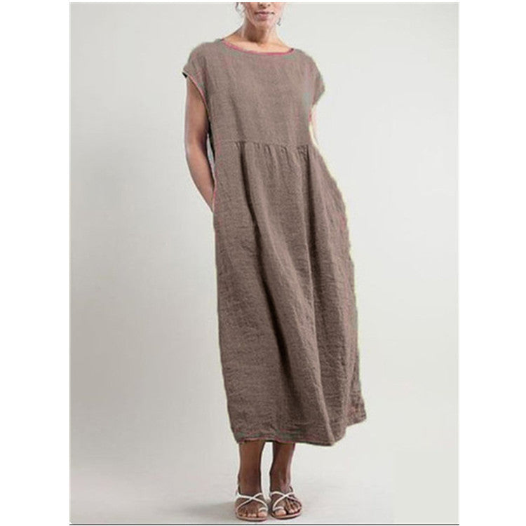 European And American Solid Color Sleeveless Loose Cotton Linen Pocket Dress