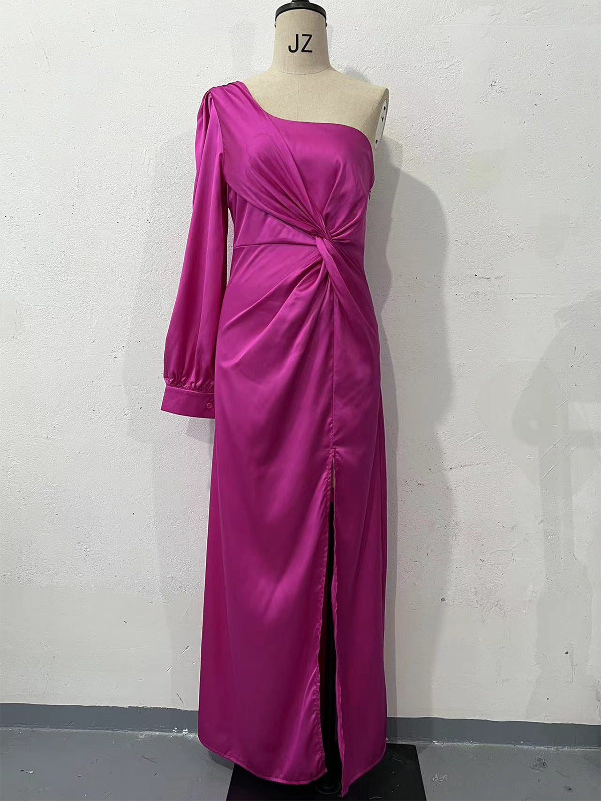 Diagonal Collar Raglan Sleeve Pleated Waist Tight Split Long Dress