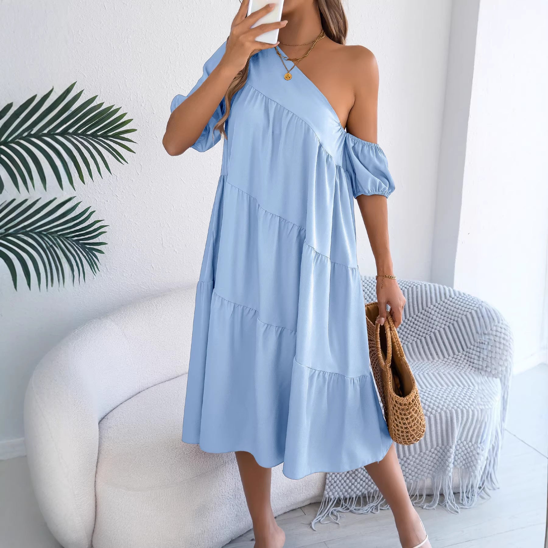 Womens Loose Flared Maxi Skirt With A Ruffled Hem