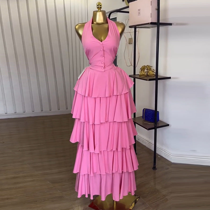 Women's Halter Vest High Waist Tiered Skirt Two-piece Set
