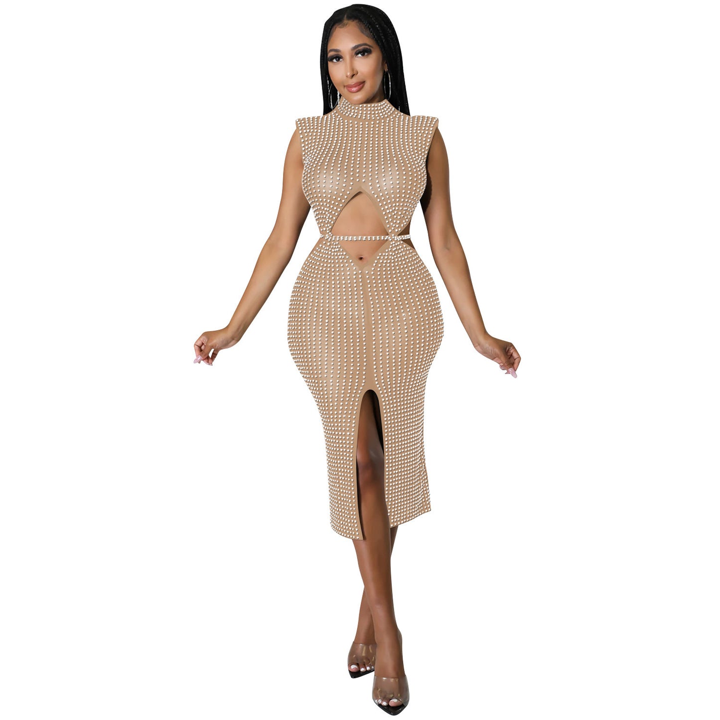 Fashion Mesh See-through Rhinestone Hollow Split Dress Women's Clothing