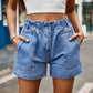 Short en jean décontracté délavé à taille élastique rétro pour femme