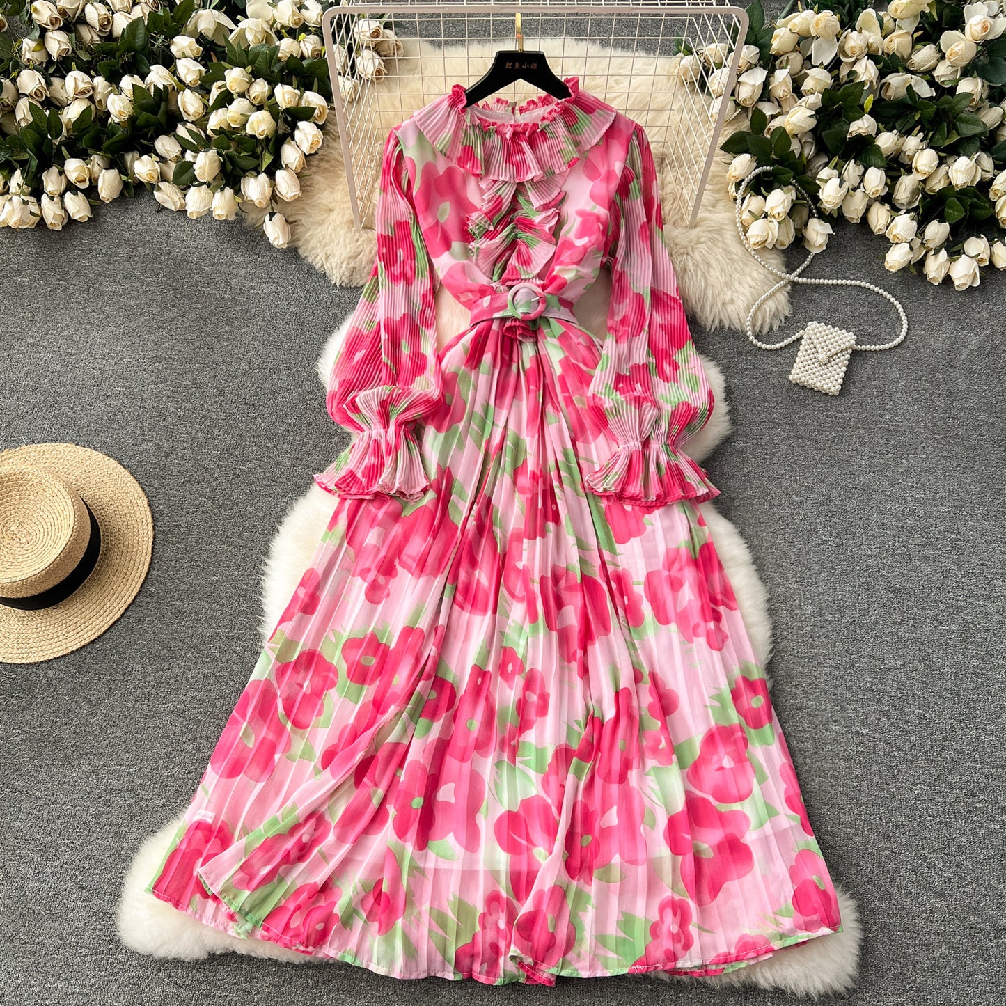 Ruffle Ruffle Collar Slim-fit Mid-length Printed Chiffon Pleated Skirt