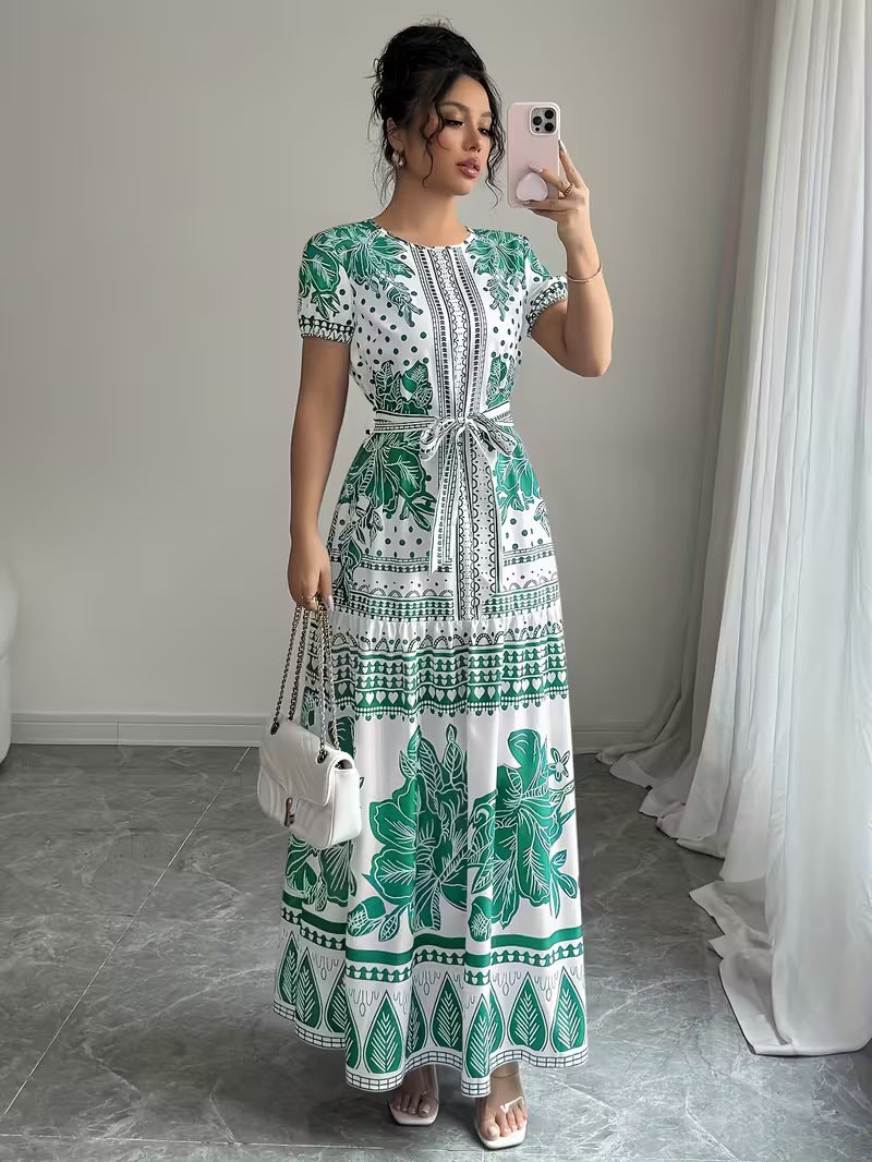 Womens Printed Elegant Simple Lace-up Round-neck Dress