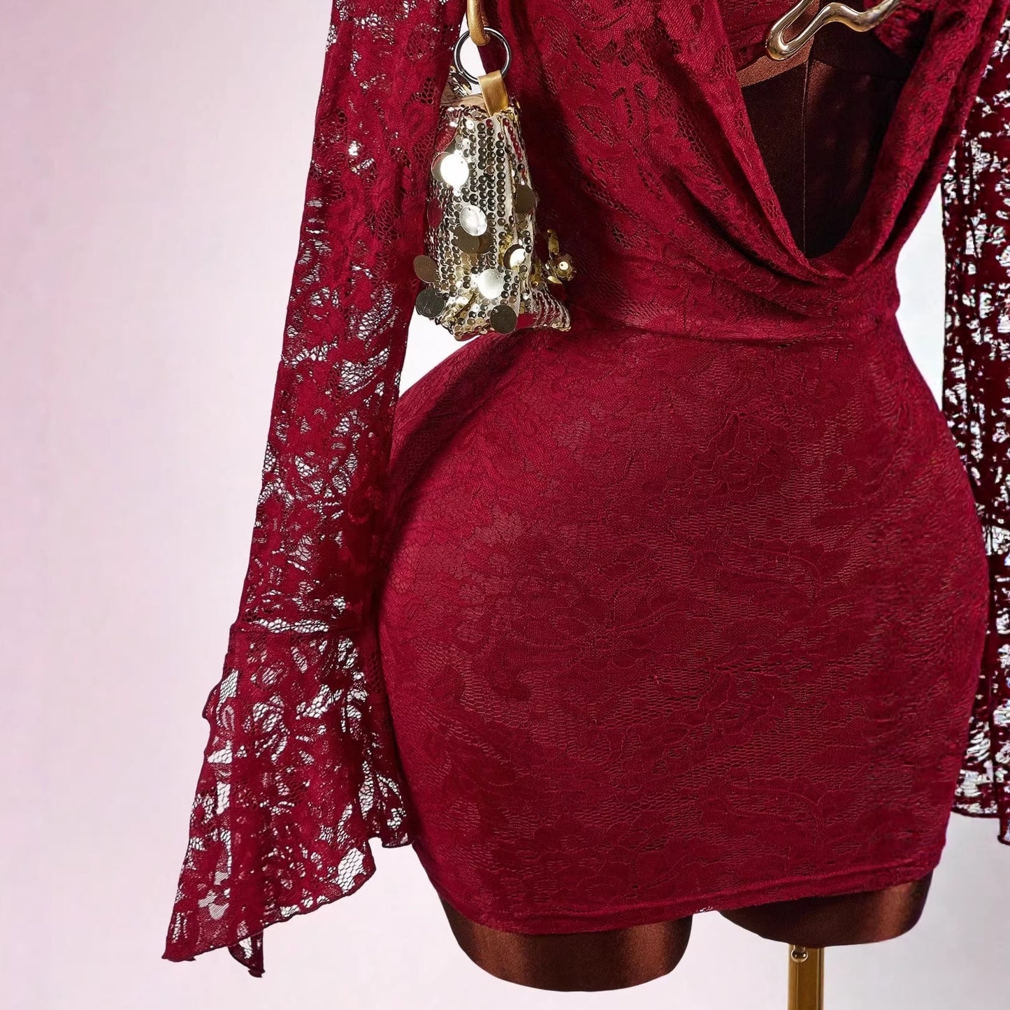 Lace Sheer Patchwork Metal-Trimmed Bodycon Mini Dress