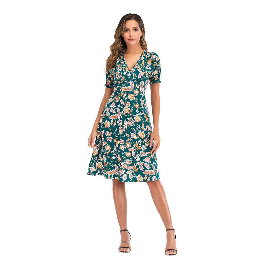 Summer New Bohemian V-neck Printed Dress