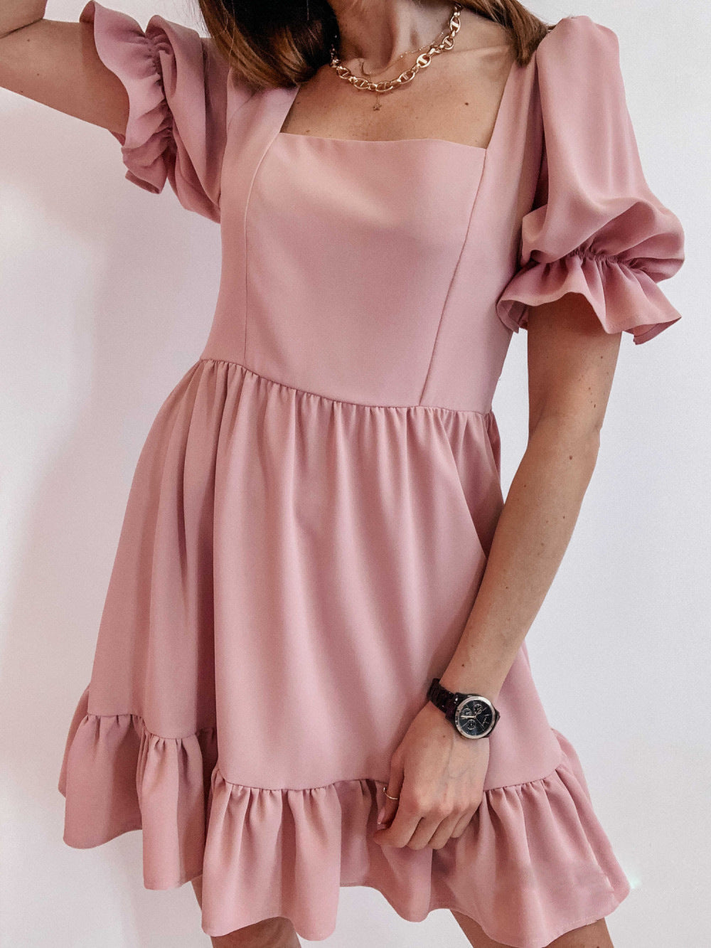 Short Sleeve Stitching Loose Solid Color Dress