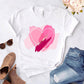 T-shirt à manches courtes et col rond pour femme, imprimé floral en forme de cœur