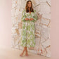 Robe en mousseline imprimée, col en V, tulle floral, manches longues