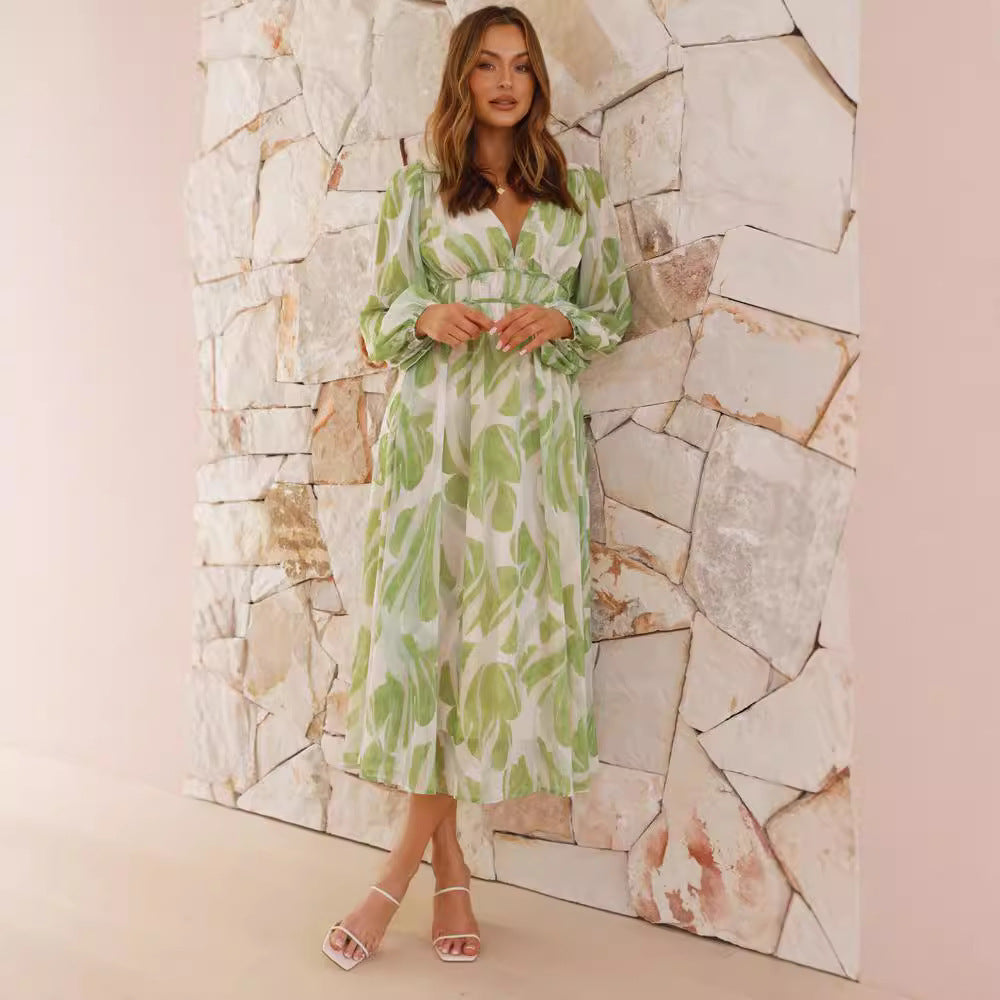 Robe en mousseline imprimée, col en V, tulle floral, manches longues