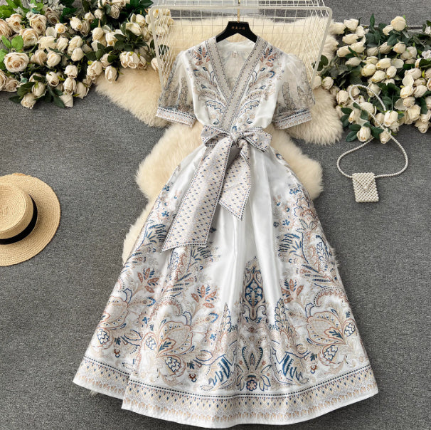 Robe longue imprimée à nouer à la taille pour femme