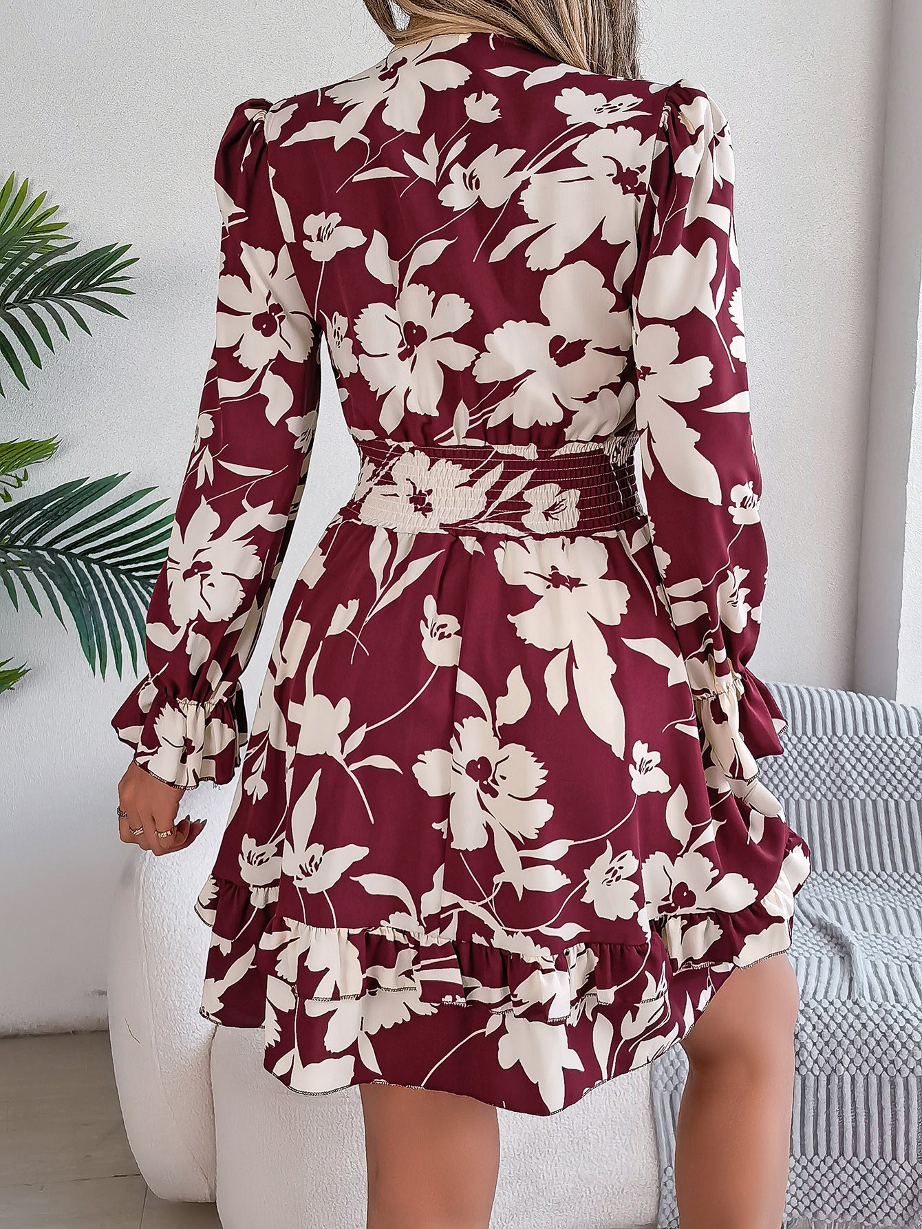 Robe courte à imprimé floral, col en V, manches longues, volants, nœud papillon, coupe trapèze, vêtements pour femmes