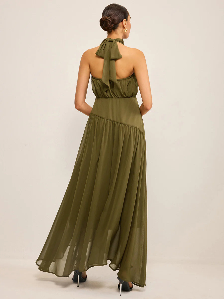 Womens Halterneck Cutout Back Dress With Flowing Ribbons