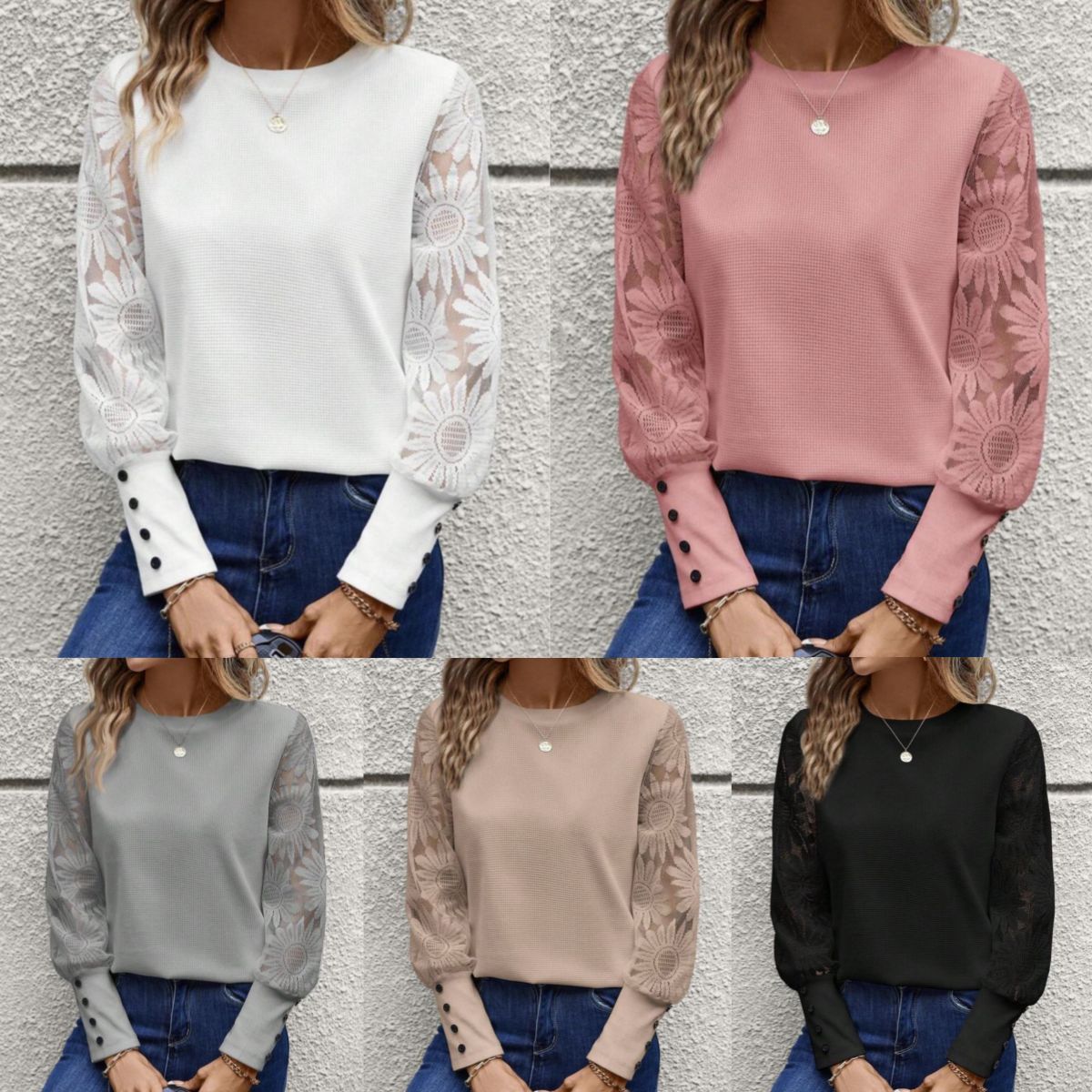Solid Color Long Sleeve Embroidered Lace Stitching Waffle Crew Neck Top