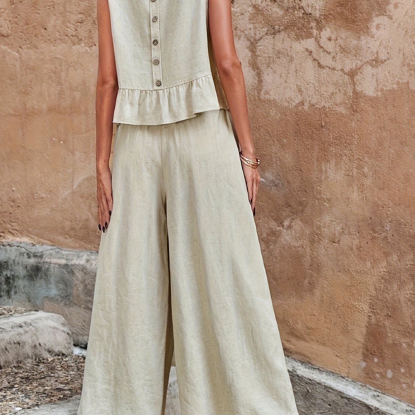 Women's Solid Color Ruffle Strap Tank Top Wide Leg Pants Set