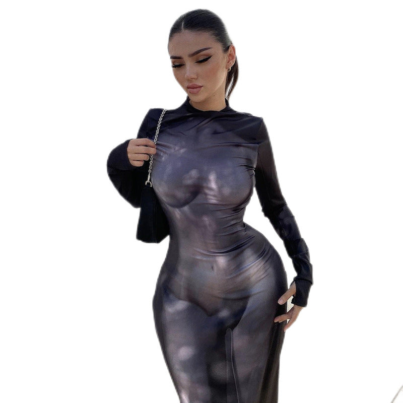 Women's Fashion 3D Body Print Round Neck Long Sleeve Slim Hip Bag Dress