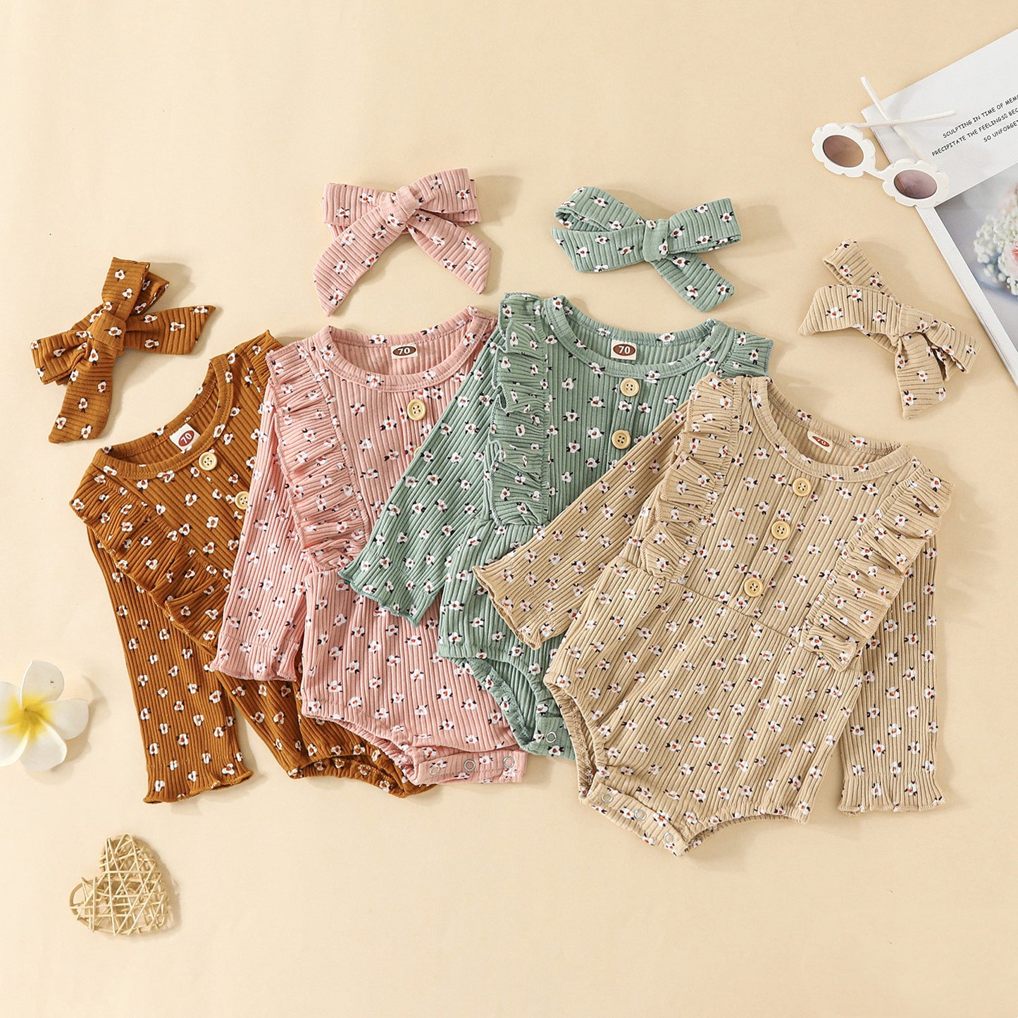 Barboteuse triangle à manches longues en coton simple et tendance pour filles, à rayures profondes et imprimée