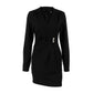 Pearl-button V-neck Long-sleeve Elegant Waist-cinched Dress