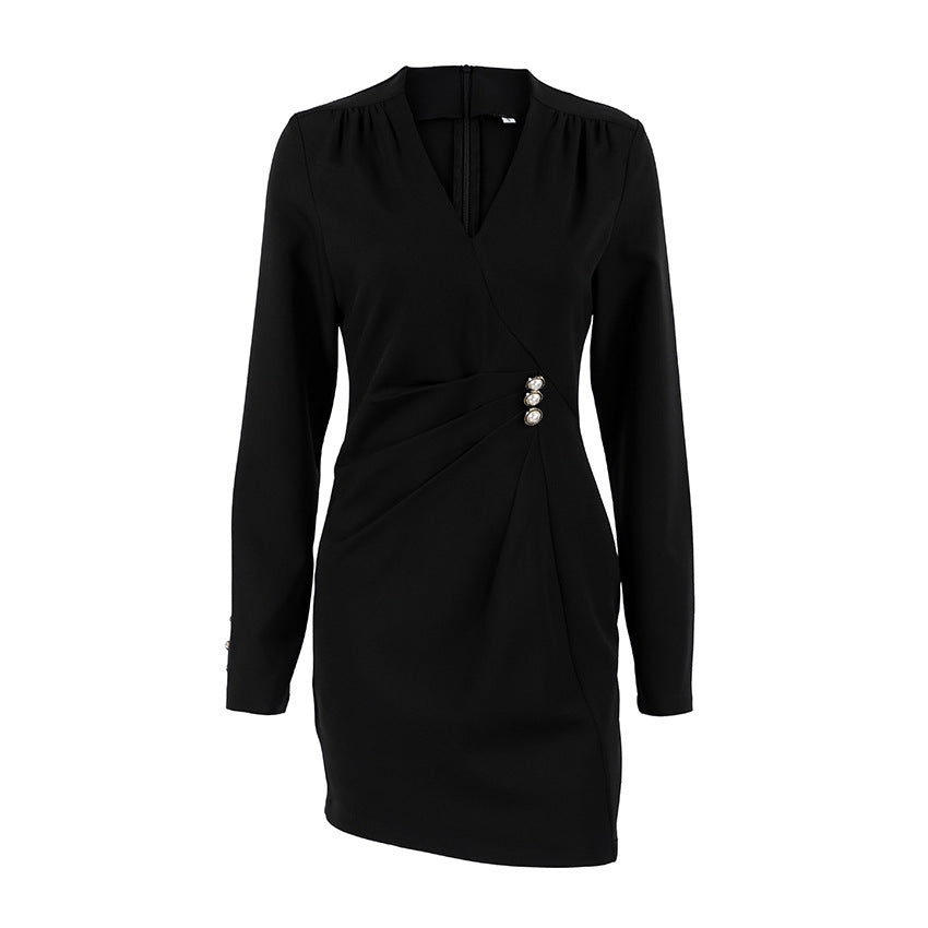Pearl-button V-neck Long-sleeve Elegant Waist-cinched Dress