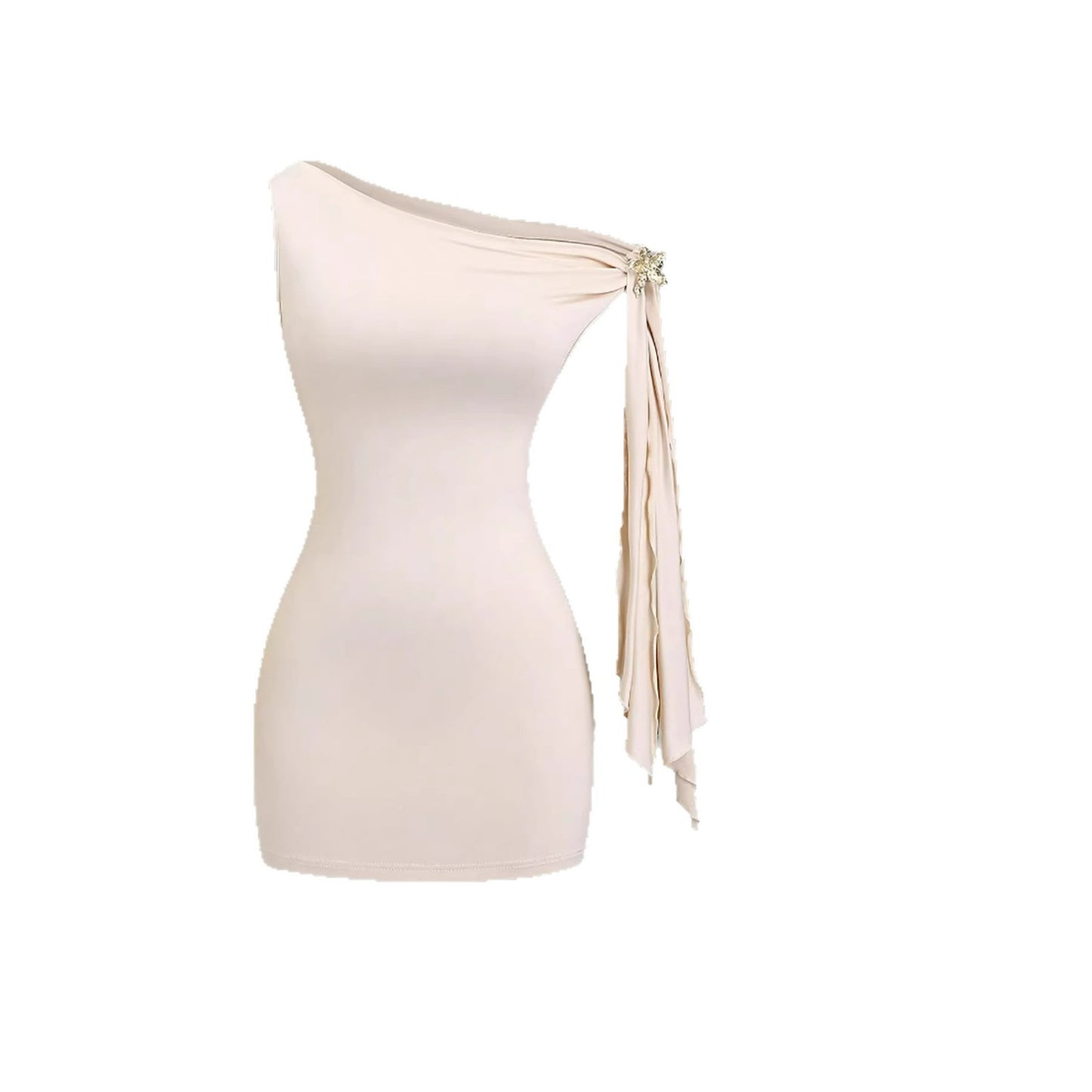 Slant-shoulder Metal-embellished Slimming Sexy Womens Outfit