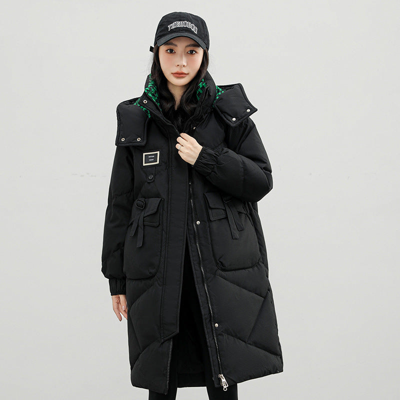 Manteau en coton avec chapeau amovible et doudoune rembourrée au-dessus du genou