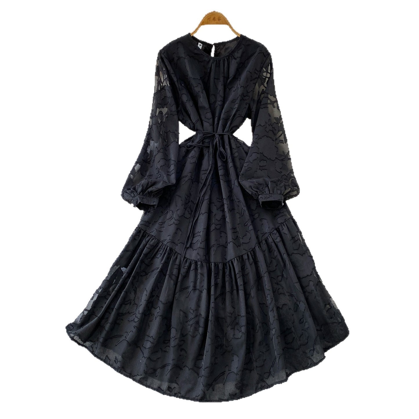 Green Jacquard Slimming Dress With Ruffled Hem