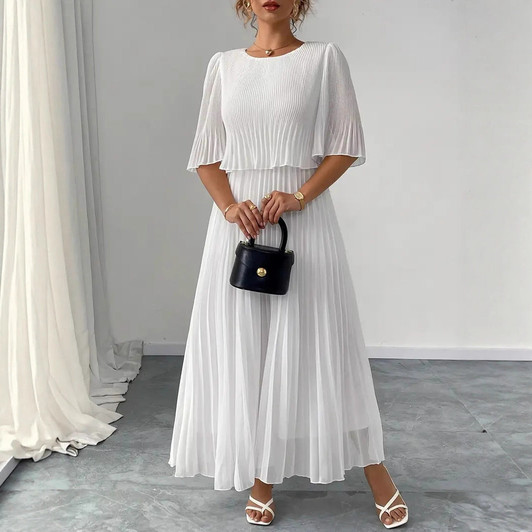 Chiffon A-line Skirt With Pleated Round Neck Long Sleeve Lightweight Solid Color Set