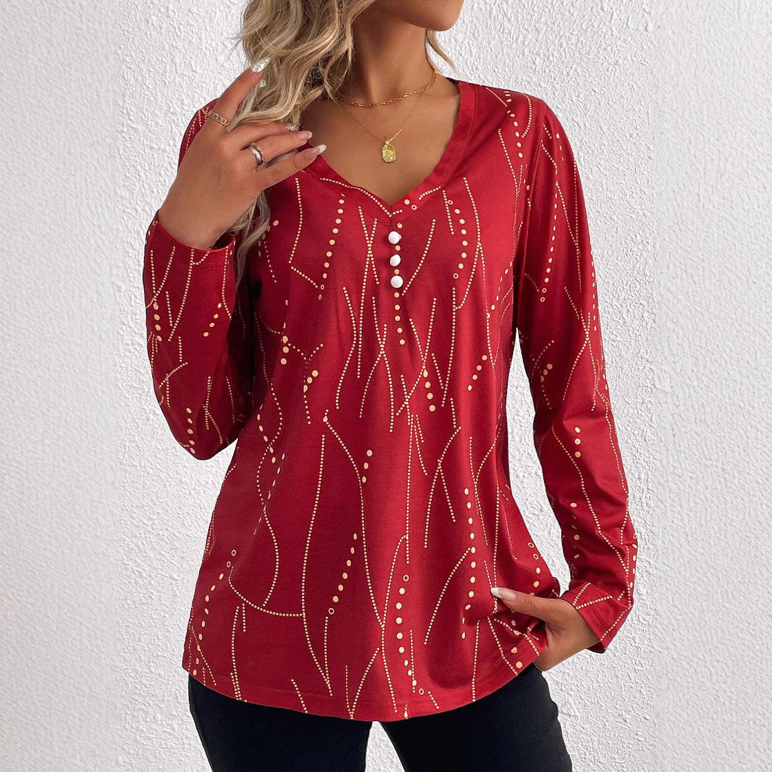 Casual Button Geometric Printed Long-sleeved T-shirt