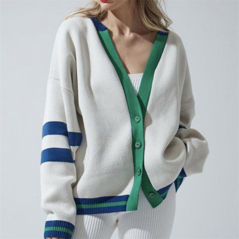 Fashion Contrast Color Cardigan Loose Casual Sweater Women's Striped Simple