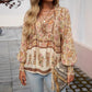 Bohemian Vacation Style Printed V-neck Lace-up Long Sleeve Top